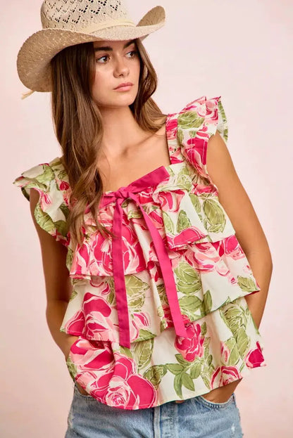 BiBi Floral Print Woven Bow Tie Ruffle Square Neck Top by Trendsi