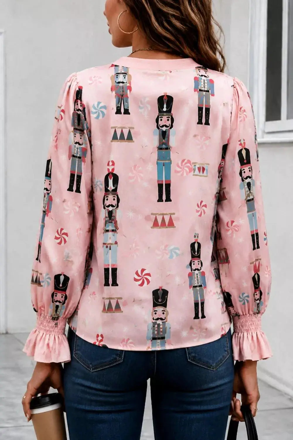 Nutcracker Print Notched Flounce Sleeve Blouse by Trendsi