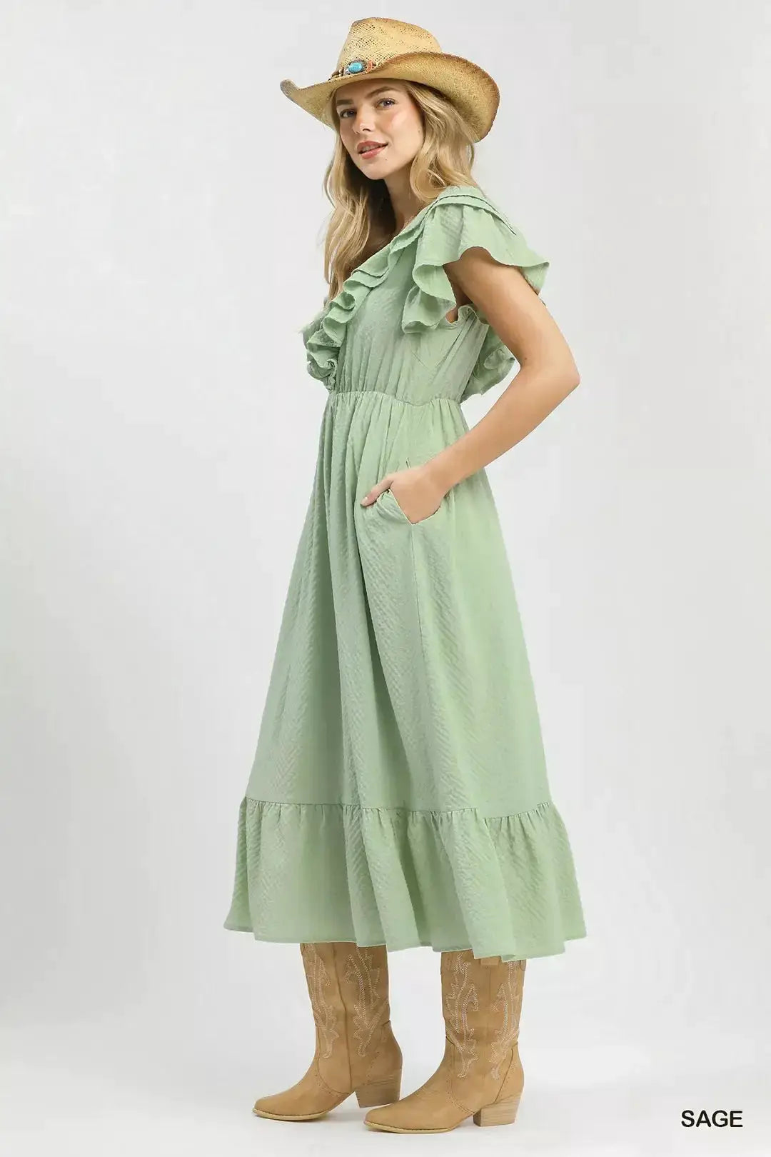 Umgee Textured Ruffle Midi Dress by Trendsi