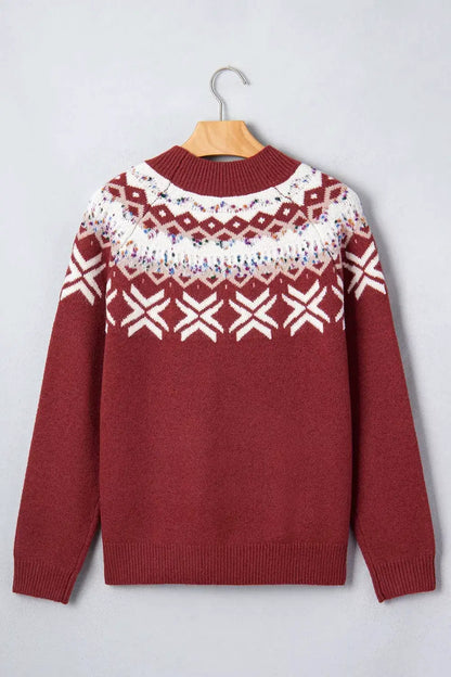 Christmas Theme Geometric Pattern Knit Round Neck Shift Sweater by Trendsi