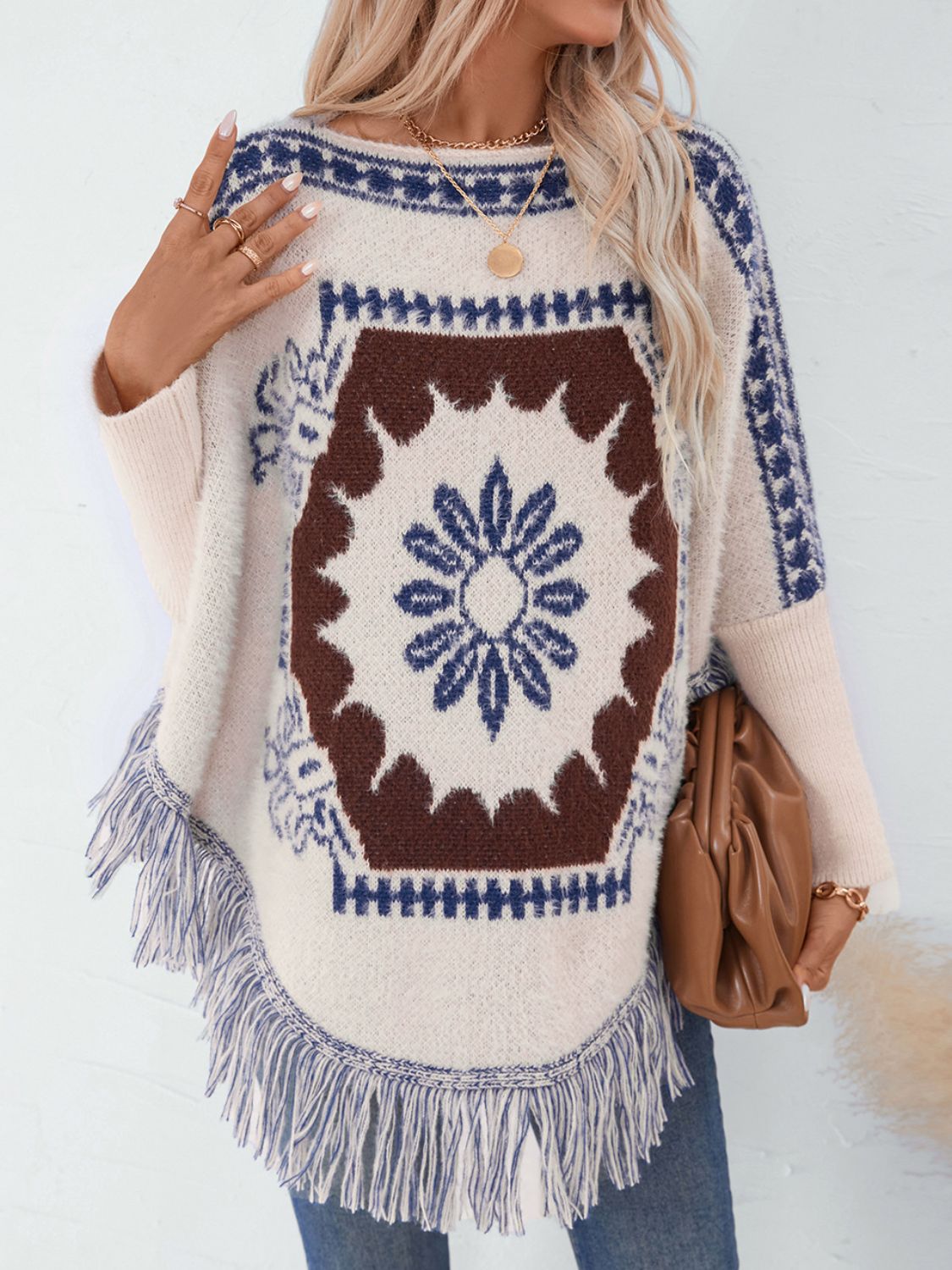 Fringe Geometric Long Sleeve Poncho