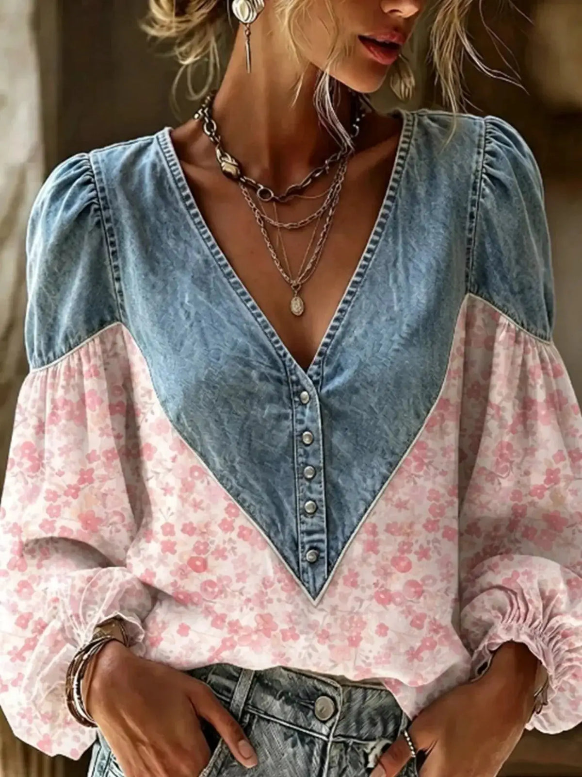 Full Size Denim Patchwork Floral Denim Top Plus Size by Trendsi