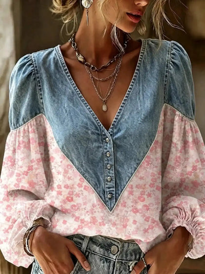 Full Size Denim Patchwork Floral Denim Top Plus Size by Trendsi