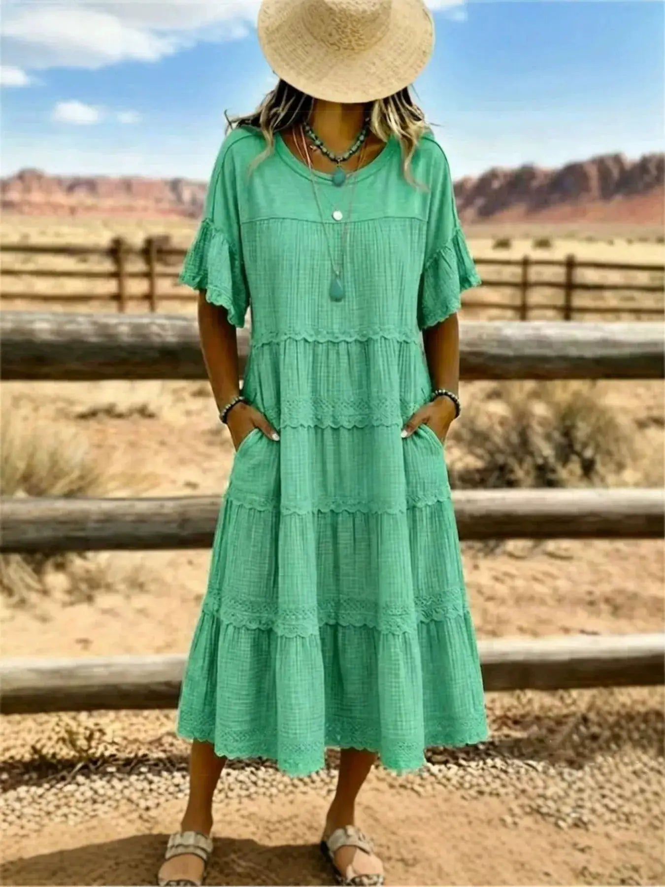 Full Size Tiered Ruffle Sleeve Midi Dress with Pockets Plus Size by Trendsi