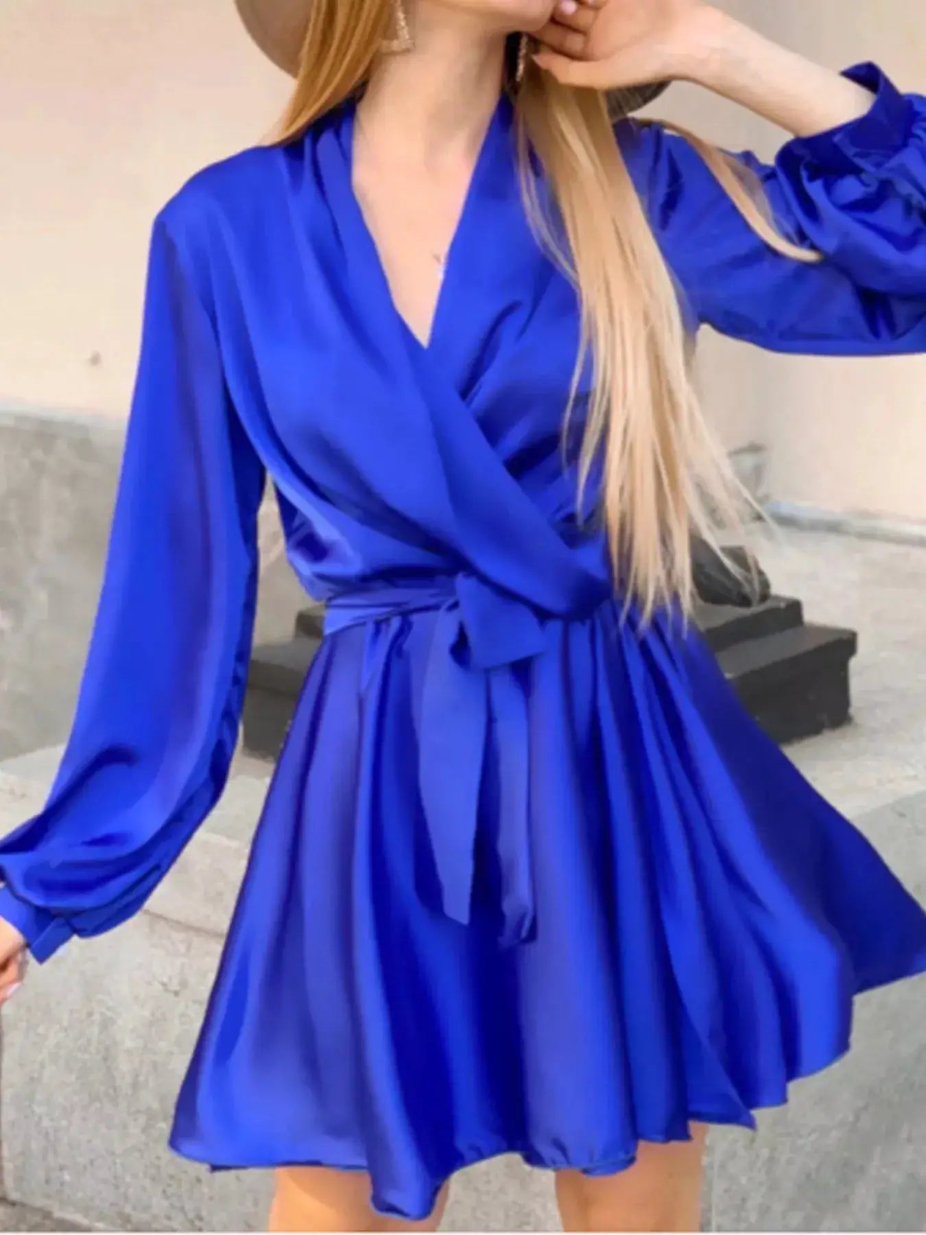 Satin Surplice Long Sleeve Mini Dress by Trendsi