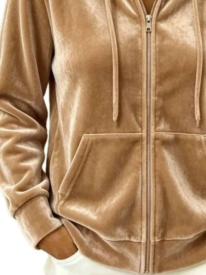 Full Size Velvet Zip-Up Hoodie with Drawstring Plus Size by Trendsi