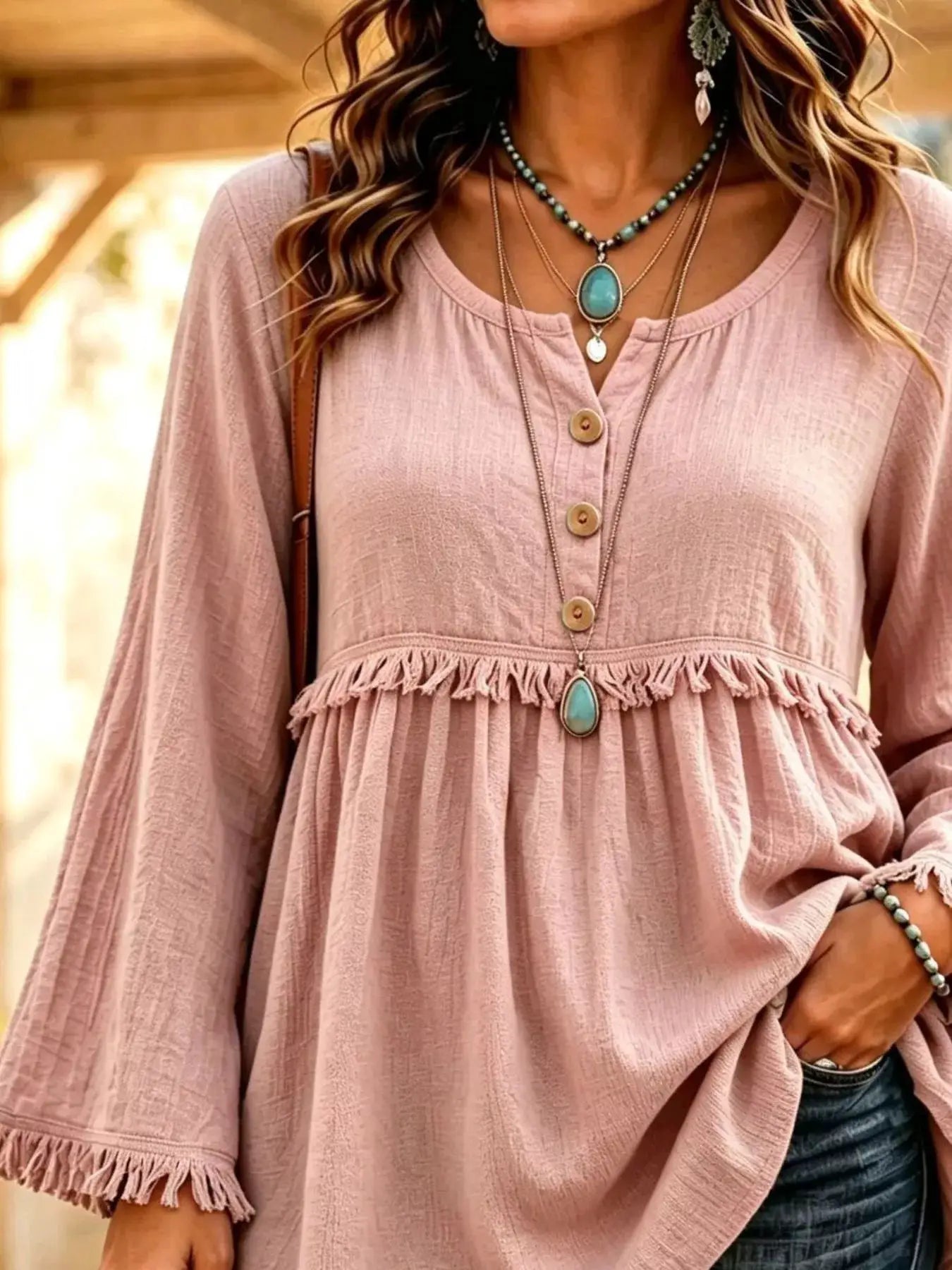 Button-Down Detail Fringed Hem Blouse by Trendsi