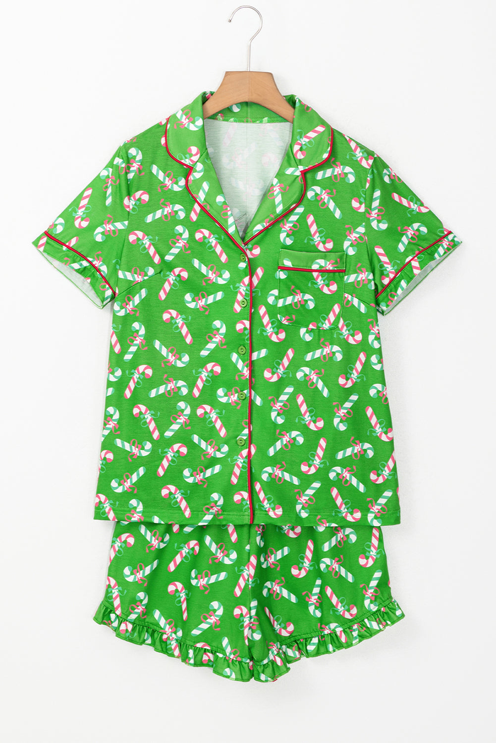 Red Christmas Candy Cane Print Pocketed Knotted Pajama Set