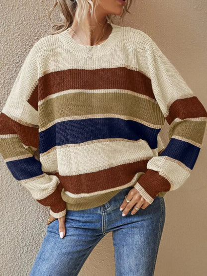 Color Block Striped Crew Neck Sweater by Trendsi