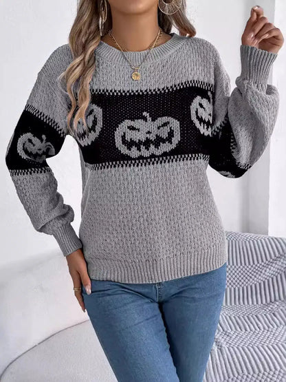 Halloween Pumpkin Pattern Round Neck Sweater by Trendsi