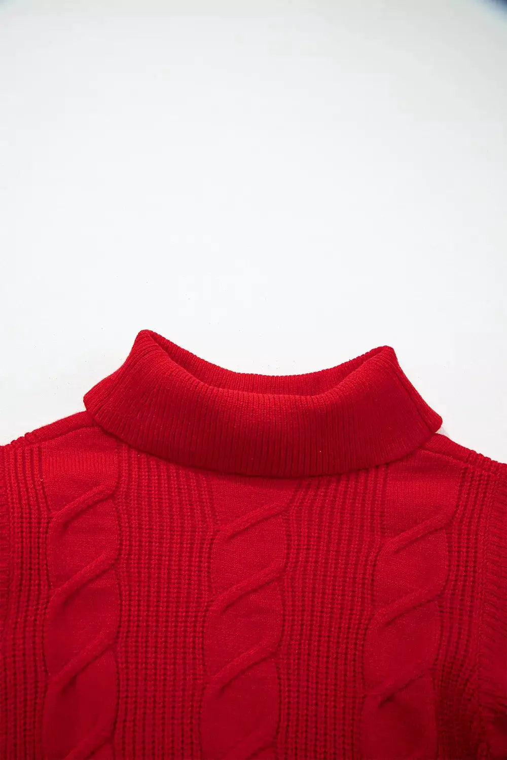 Cable Knit Turtleneck Ruffled Short Sleeve Sweater by Trendsi