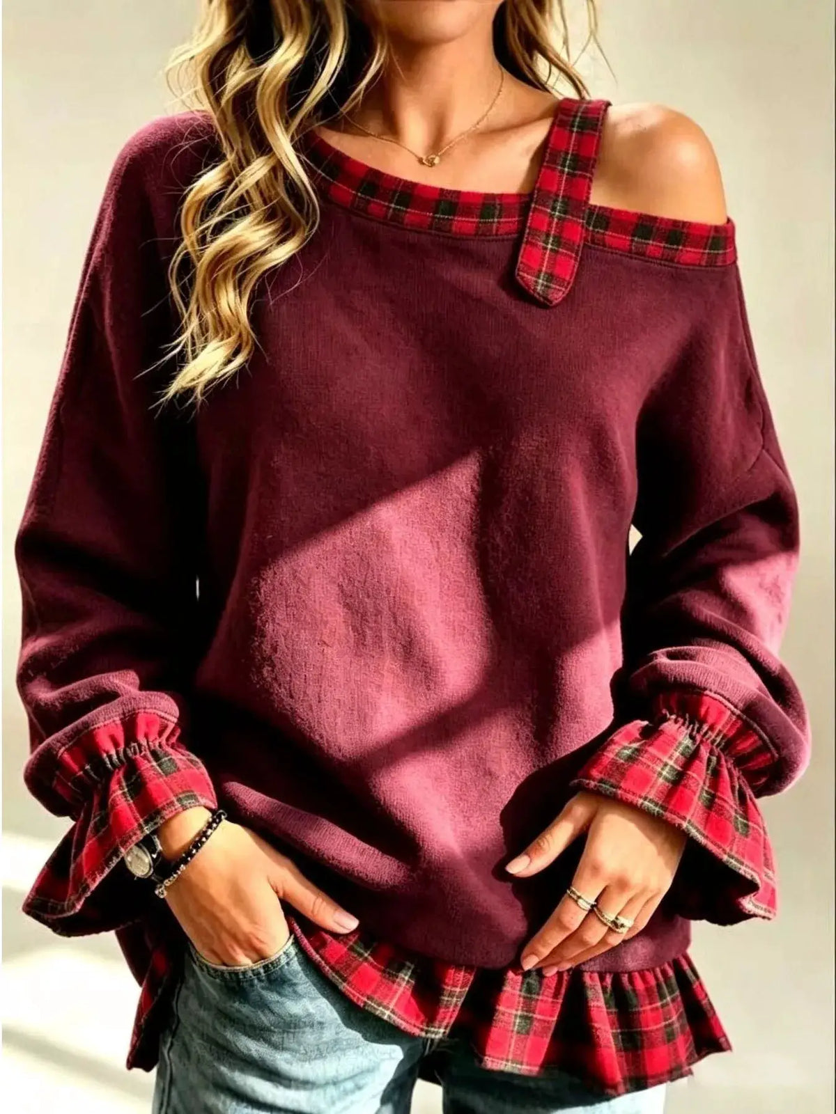 Full Size Cold-Shoulder Plaid Patchwork Long Sleeve Top Plus Size by Trendsi