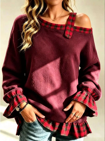 Full Size Cold-Shoulder Plaid Patchwork Long Sleeve Top Plus Size by Trendsi