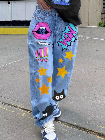 Full Size Pop Art Print Loose Fit Jeans Plus Size by Trendsi