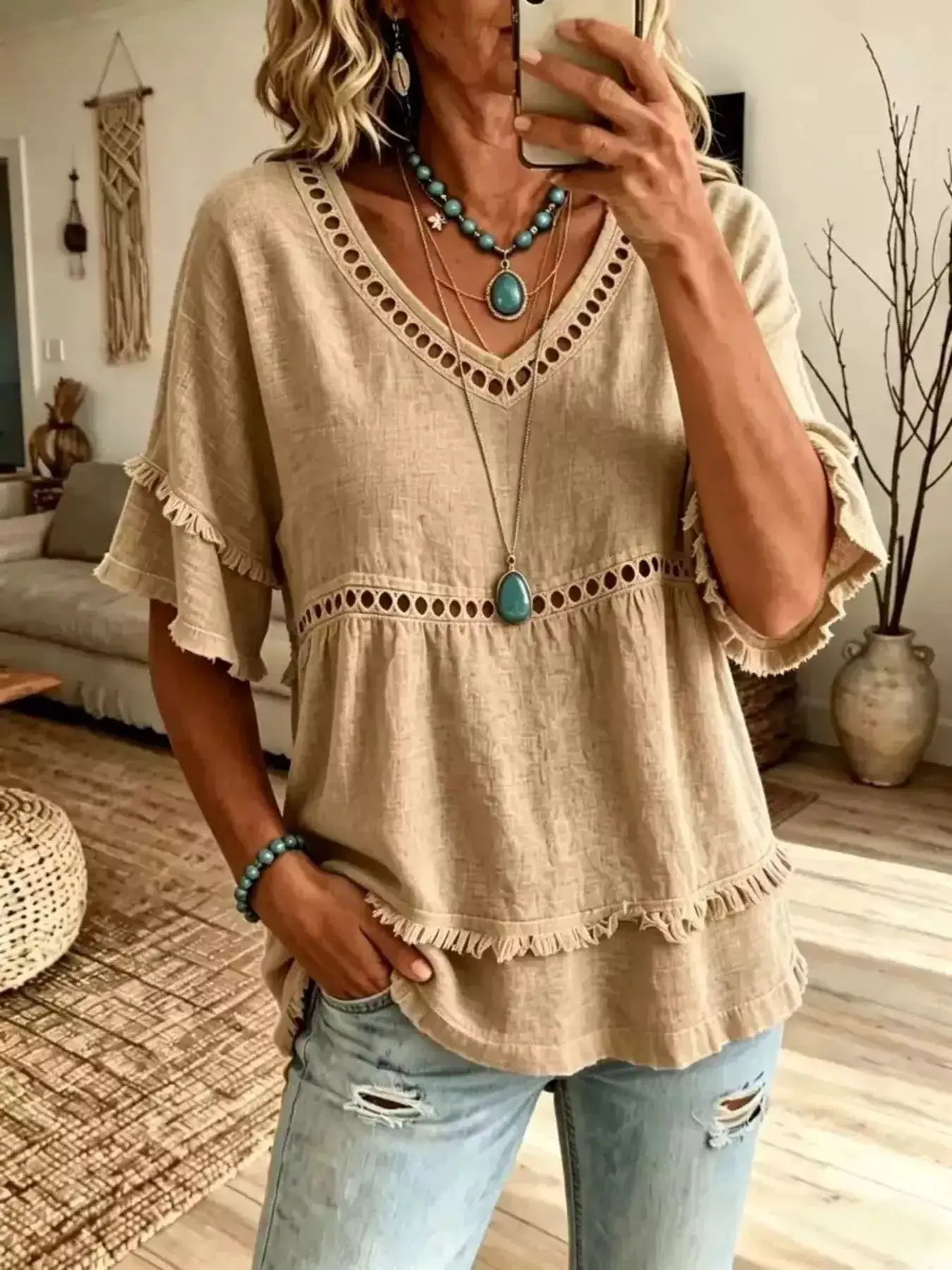 Eyelet V-Neck Frayed Edge T-Shirt by Trendsi