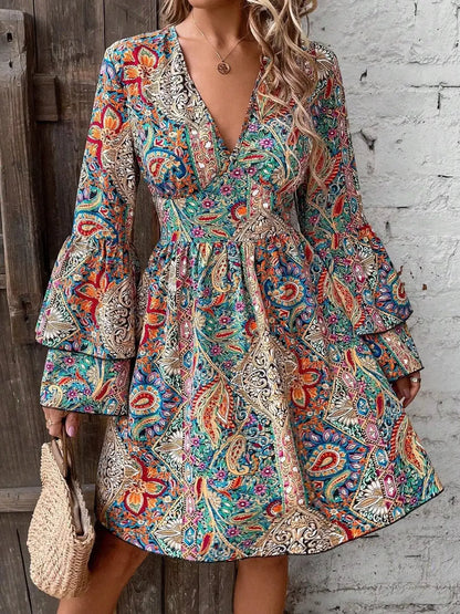 Paisley Print V-Neck Bell Sleeve Mini Dress by Trendsi