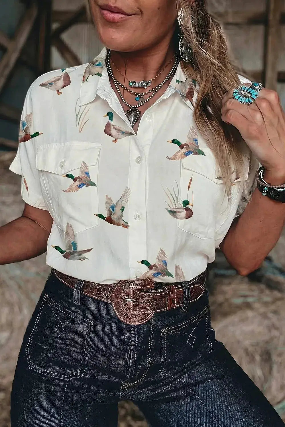 Mallard Printed Button Flap Pocket Short Sleeve Shirt by Trendsi