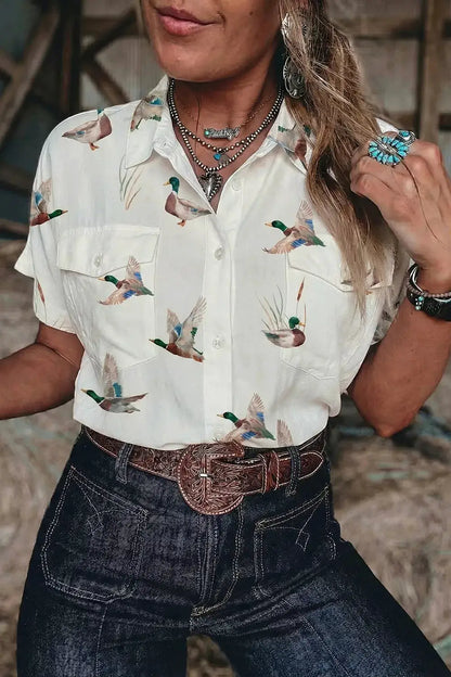 Mallard Printed Button Flap Pocket Short Sleeve Shirt by Trendsi