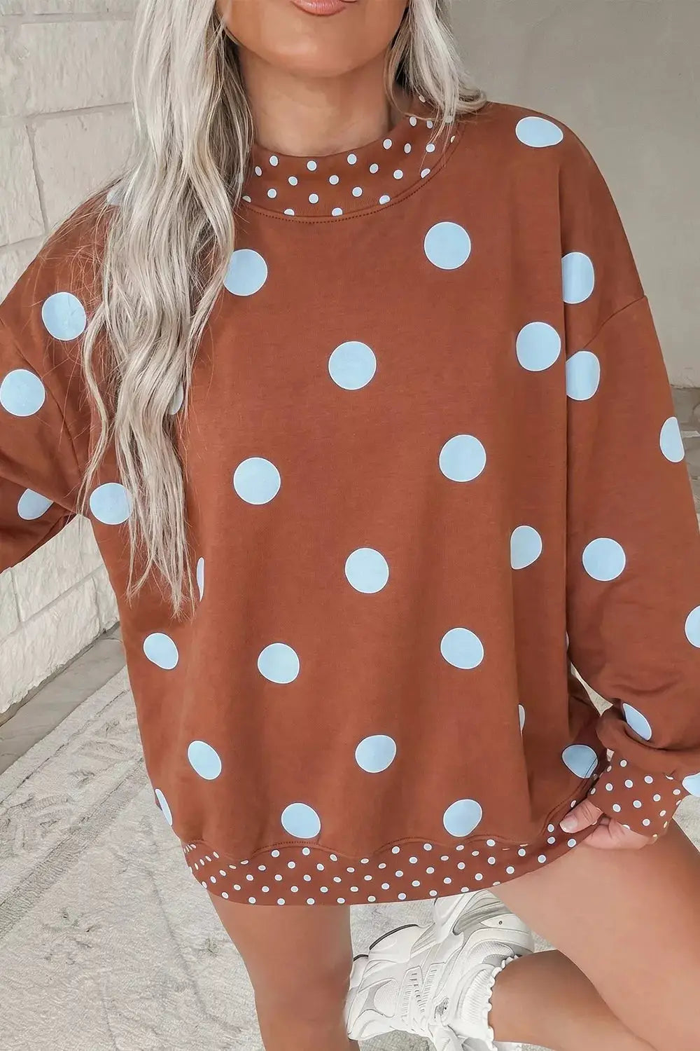 Polka Dot Dropped Shoulder Sweatshirt by Trendsi