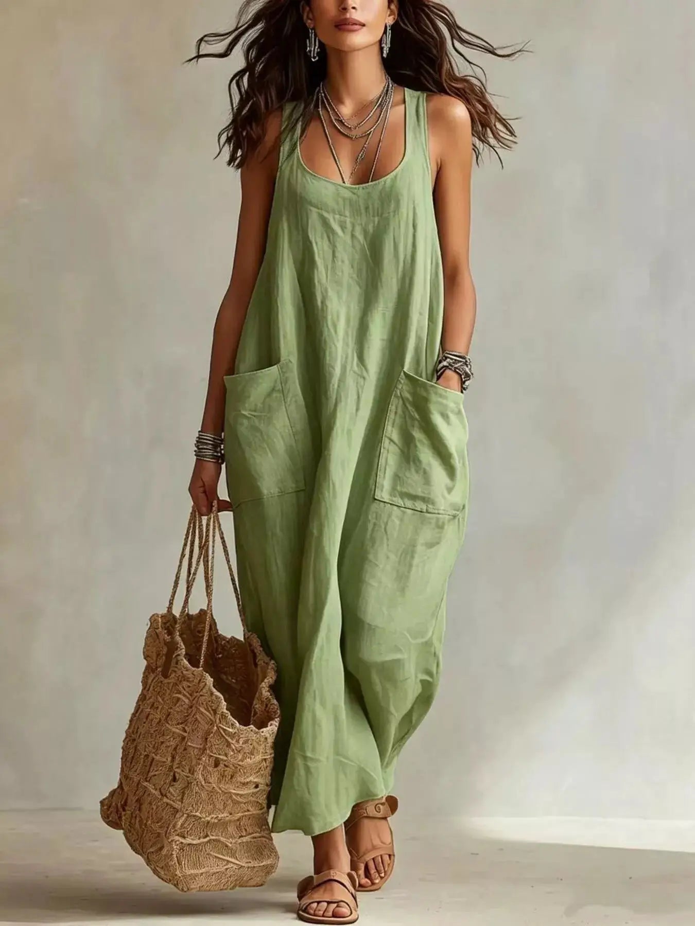 Scoop Neck Sleeveless Maxi Dress with Pockets by Trendsi