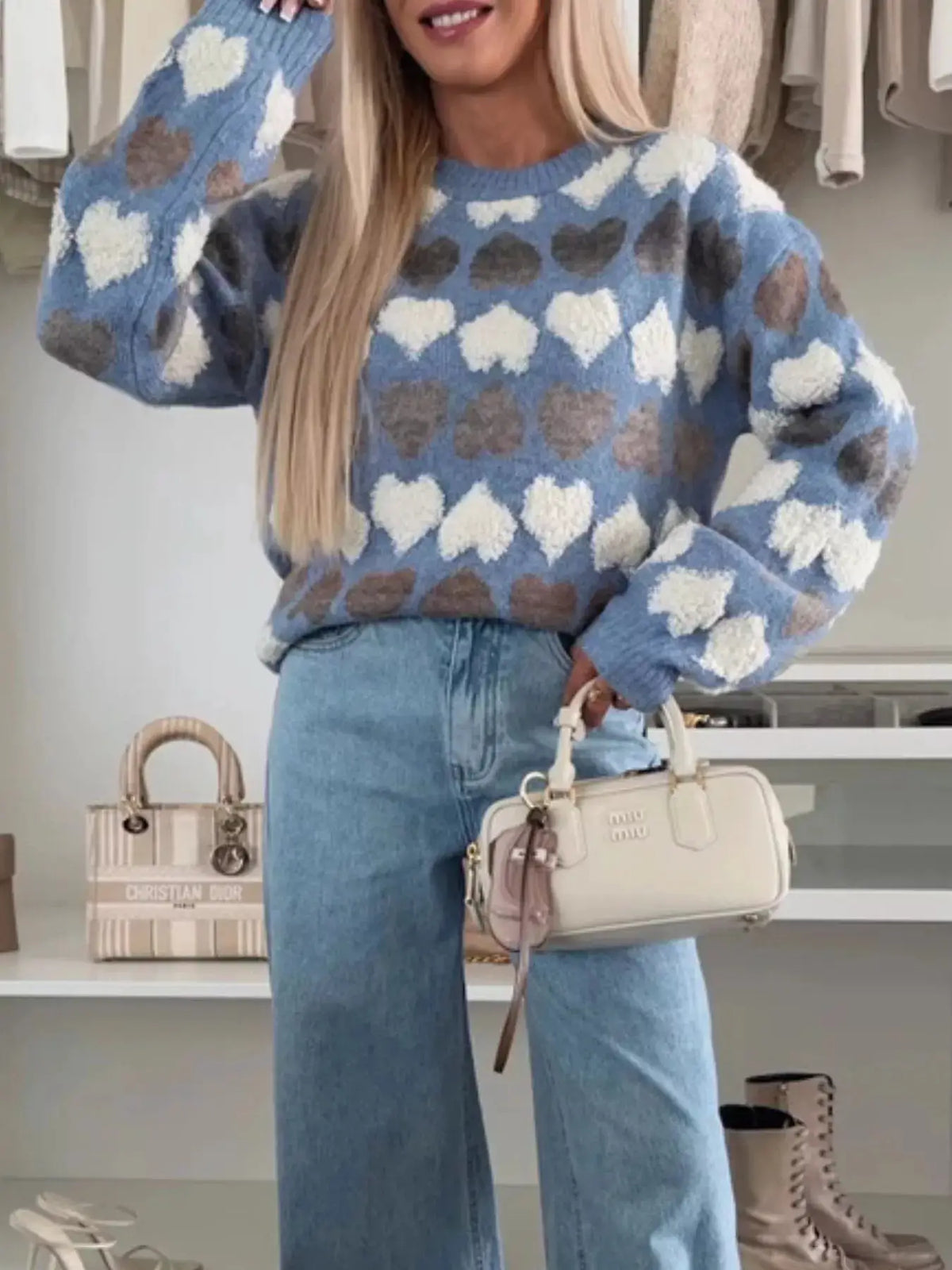 Heart-Patterned Round Neck Sweater by Trendsi