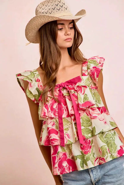BiBi Floral Print Woven Bow Tie Ruffle Square Neck Top by Trendsi