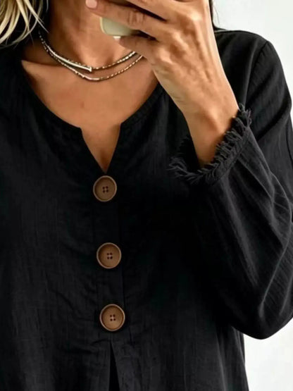Full Size Frayed Hem Long Sleeve Blouse Plus Size by Trendsi
