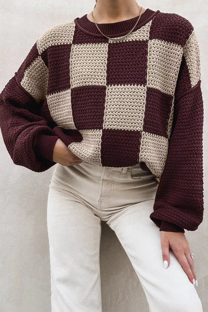 Checkerboard Dropped Shoulder Sweater by Trendsi