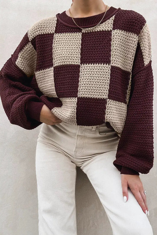 Checkerboard Dropped Shoulder Sweater by Trendsi