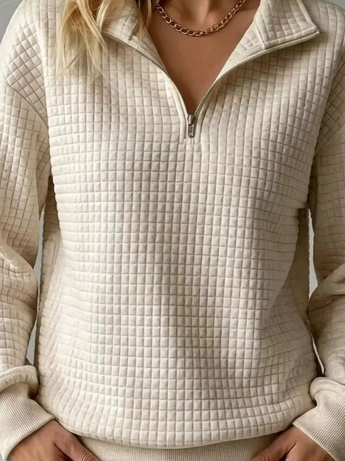 Waffle Knit Quarter-Zip Sweatshirt by Trendsi