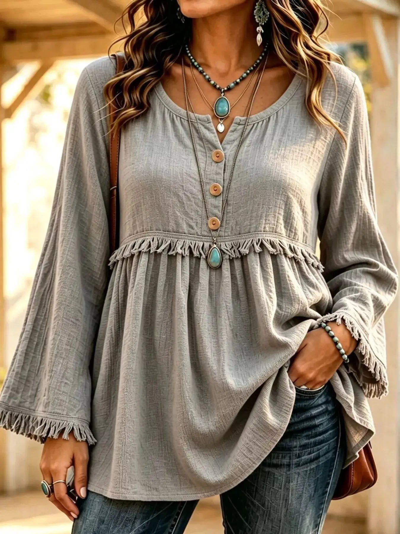 Button-Down Detail Fringed Hem Blouse by Trendsi