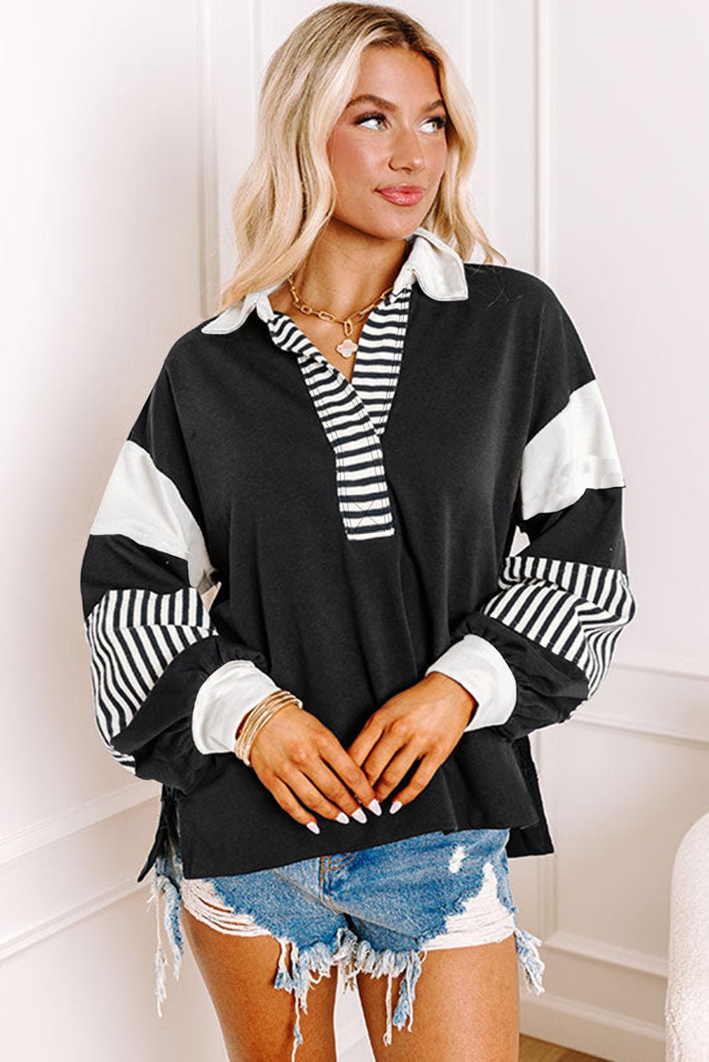 Dark Blue Striped Colorblock Patchwork Collar Sweatshirt - Bitsy Gypsy Boutique