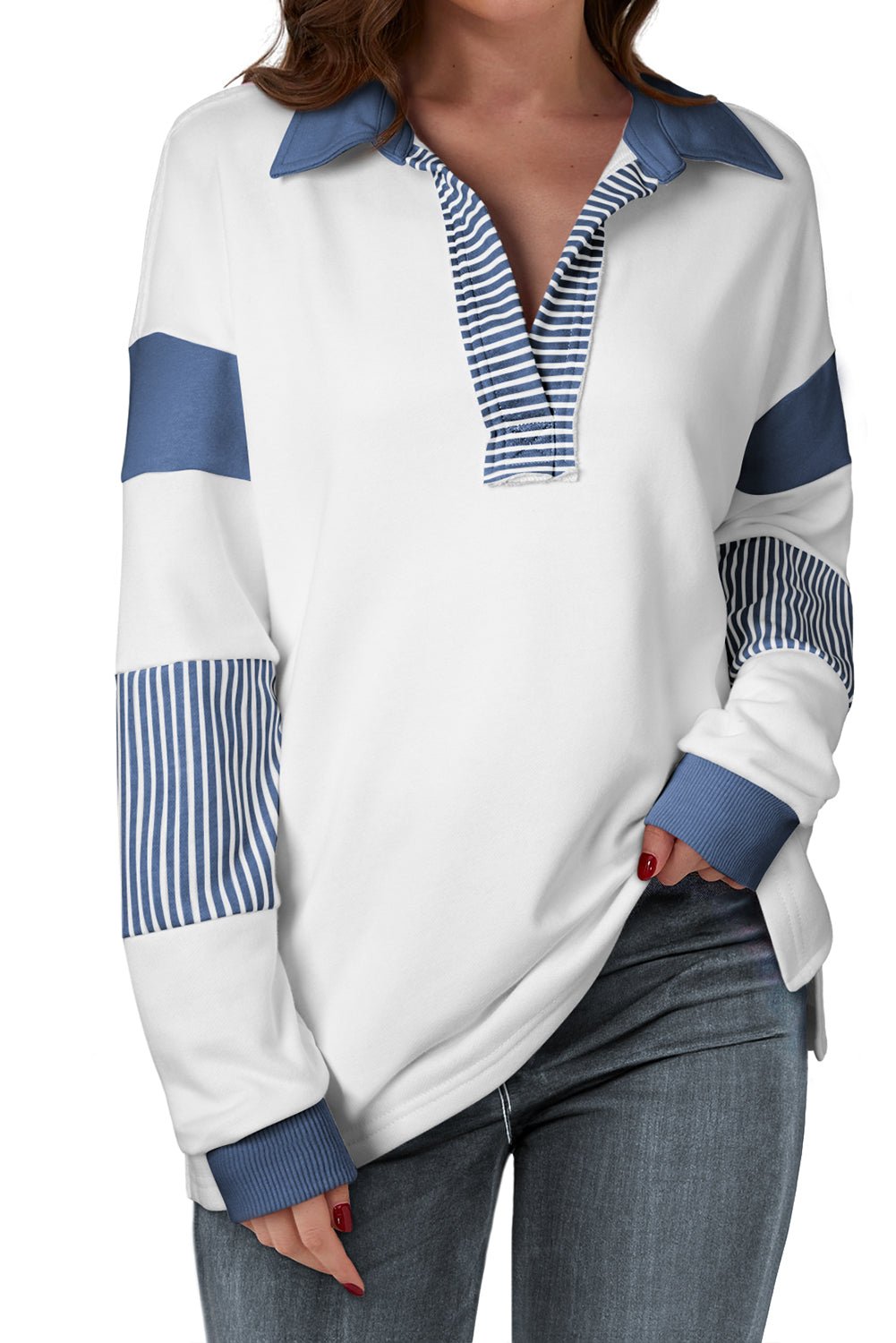 Dark Blue Striped Colorblock Patchwork Collar Sweatshirt - Bitsy Gypsy Boutique