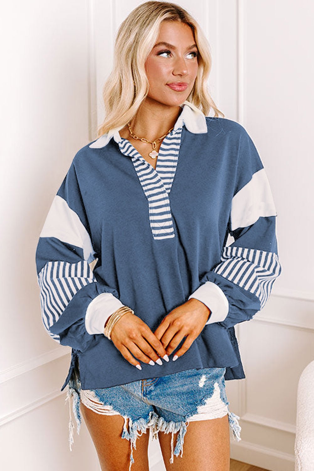 Dark Blue Striped Colorblock Patchwork Collar Sweatshirt - Bitsy Gypsy Boutique