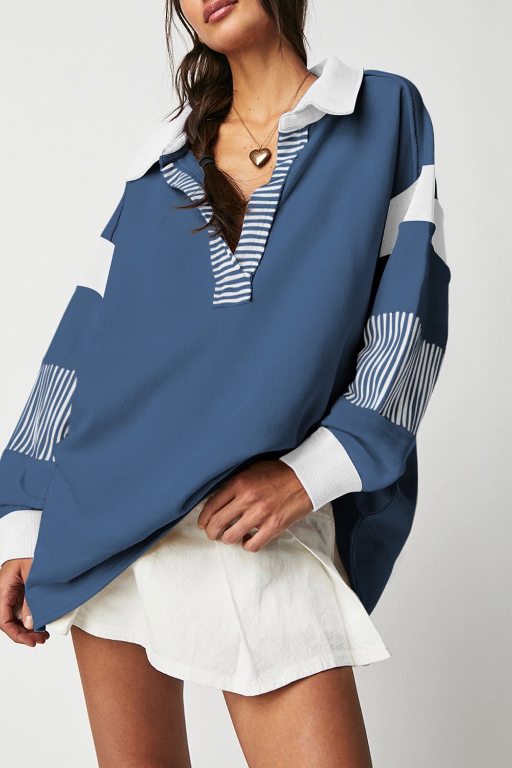 Dark Blue Striped Colorblock Patchwork Collar Sweatshirt - Bitsy Gypsy Boutique