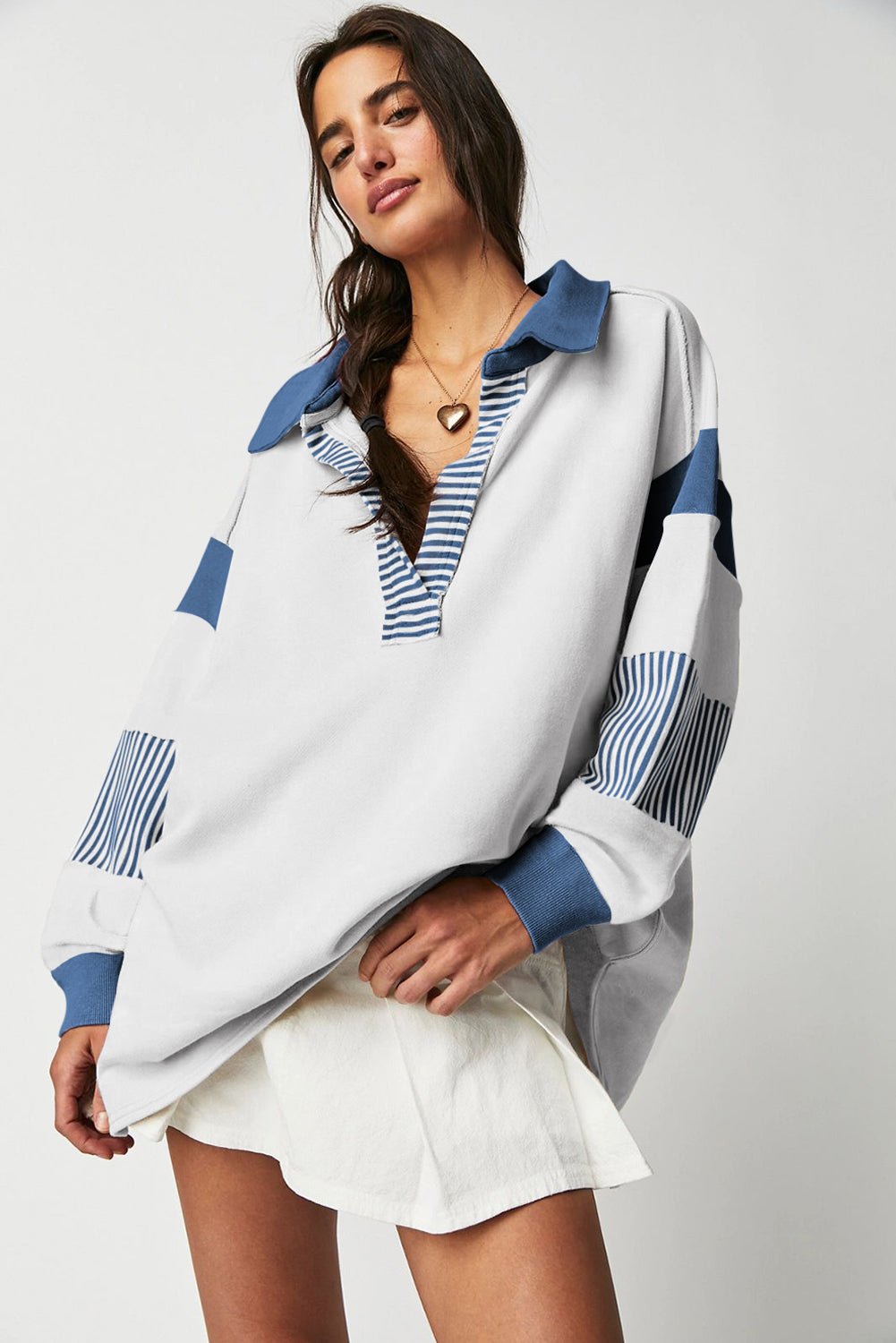 Dark Blue Striped Colorblock Patchwork Collar Sweatshirt - Bitsy Gypsy Boutique