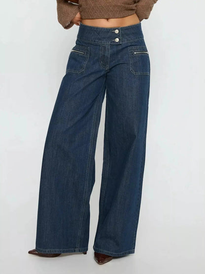 Dark Wash High-Waisted Wide-Leg Jeans Zippered Pockets - Bitsy Gypsy Boutique