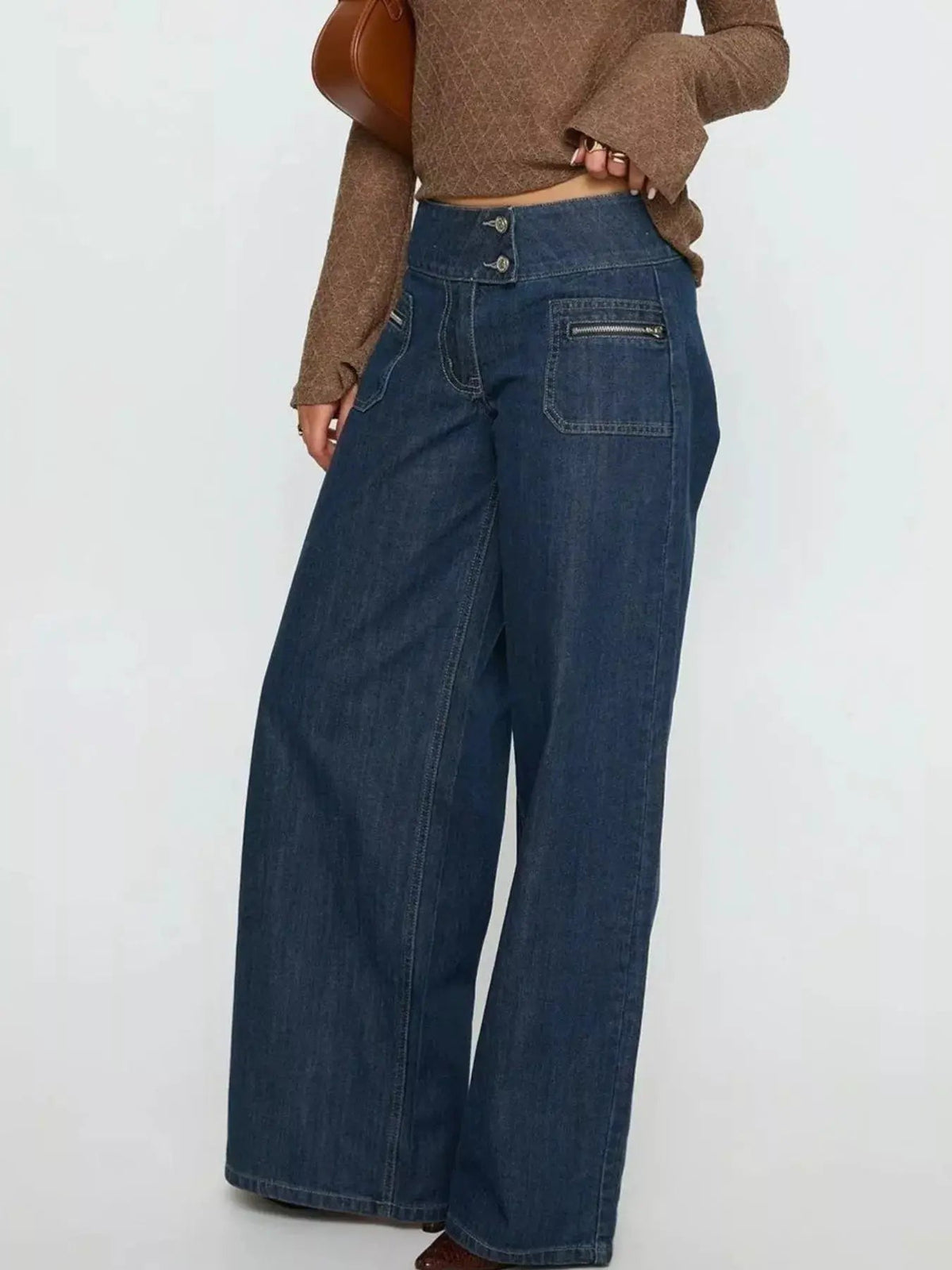 Dark Wash High-Waisted Wide-Leg Jeans Zippered Pockets - Bitsy Gypsy Boutique