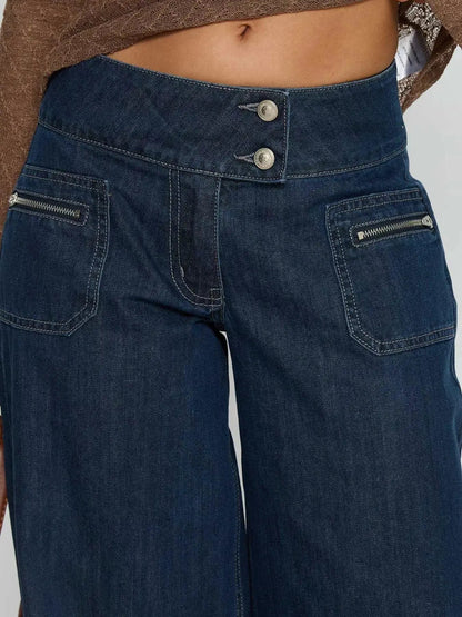 Dark Wash High-Waisted Wide-Leg Jeans Zippered Pockets - Bitsy Gypsy Boutique
