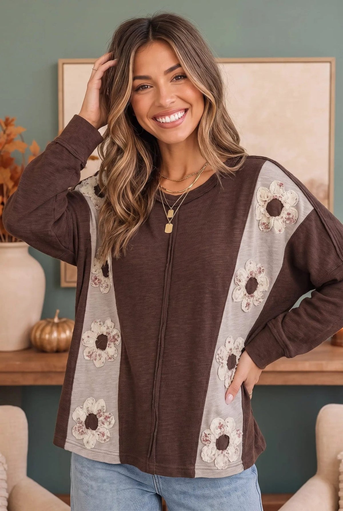 Darling Daisies Long Sleeve in Brown - Bitsy Gypsy Boutique