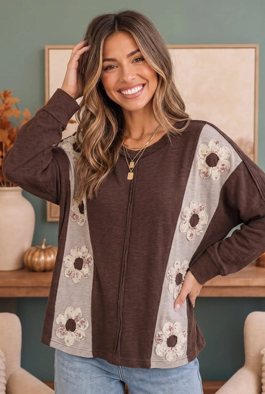 Darling Daisies Long Sleeve in Brown - Bitsy Gypsy Boutique