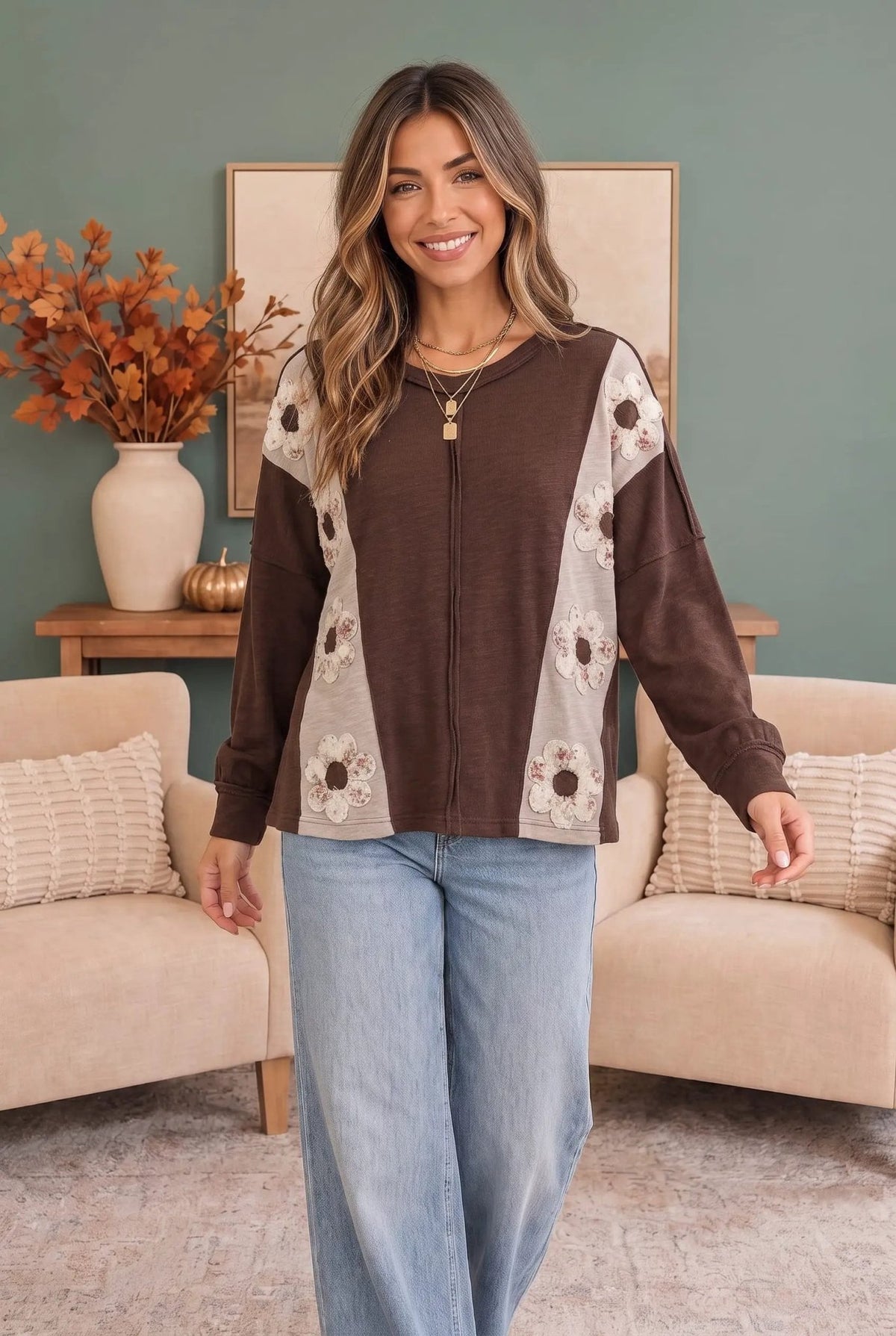 Darling Daisies Long Sleeve in Brown - Bitsy Gypsy Boutique