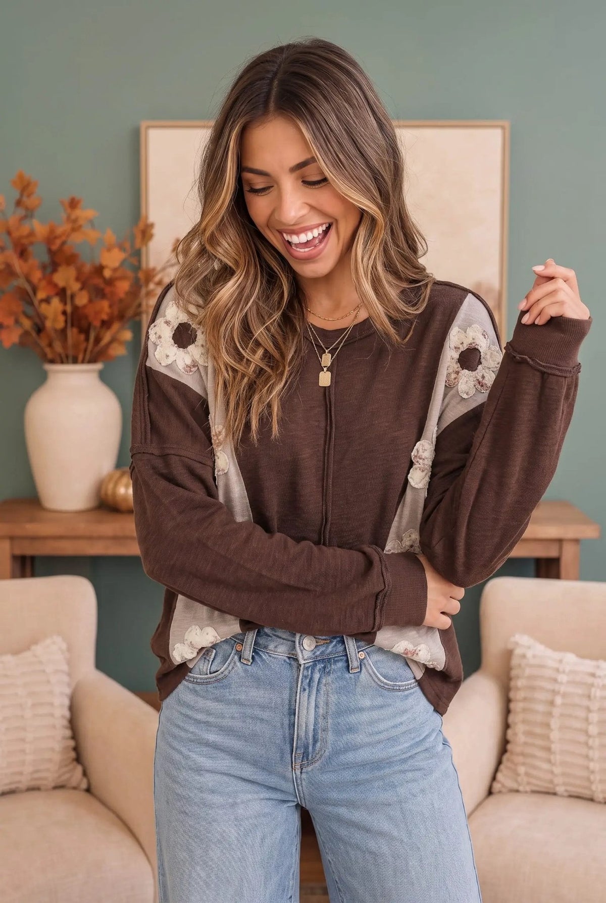 Darling Daisies Long Sleeve in Brown - Bitsy Gypsy Boutique