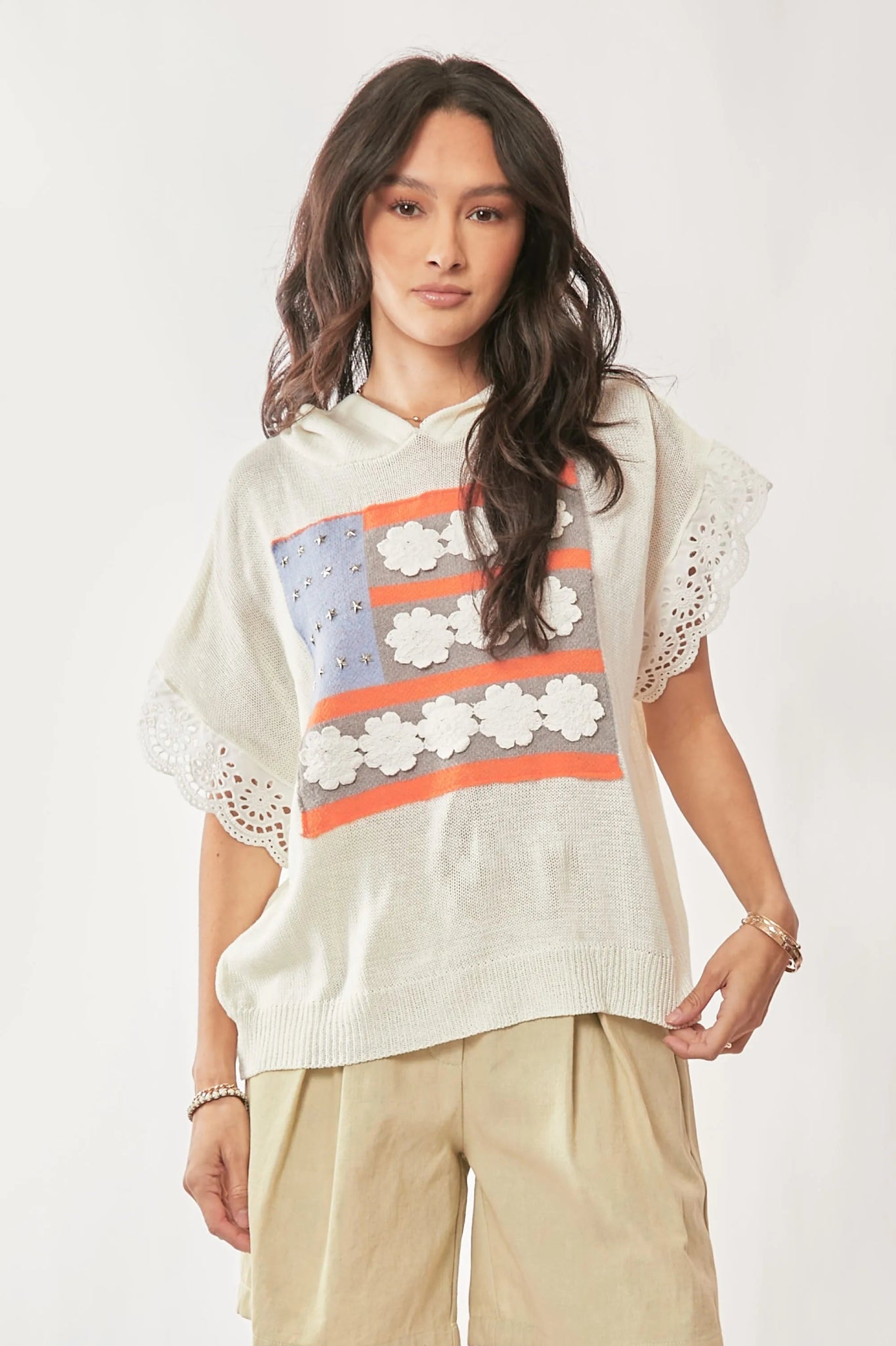 Davi & Dani American Flag Loose Fit Lace Sleeve Hoodie Top - Bitsy Gypsy Boutique