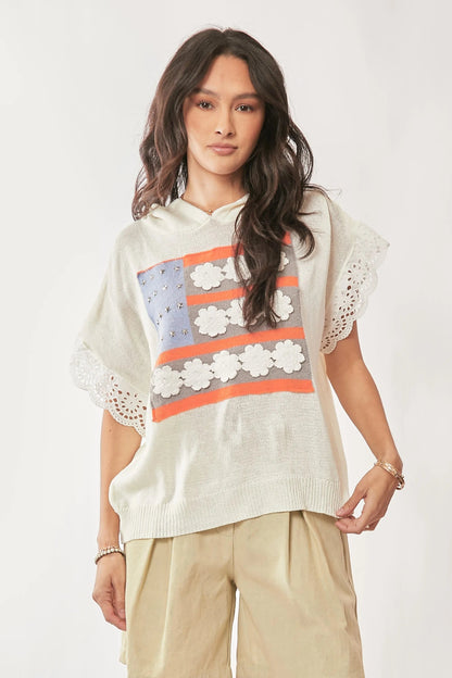 Davi & Dani American Flag Loose Fit Lace Sleeve Hoodie Top - Bitsy Gypsy Boutique