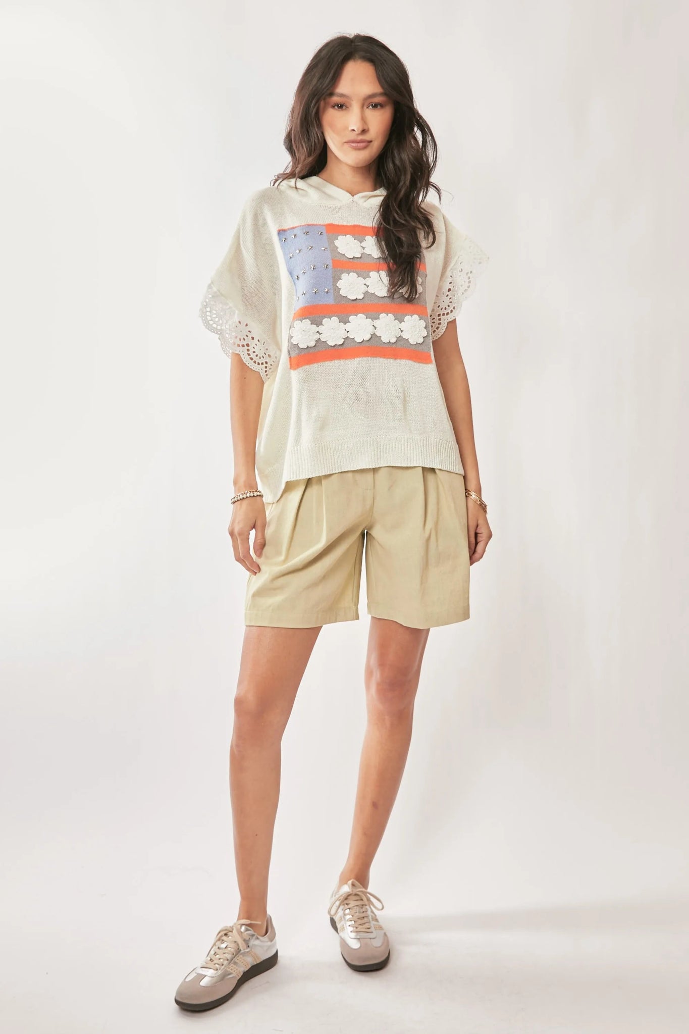 Davi & Dani American Flag Loose Fit Lace Sleeve Hoodie Top - Bitsy Gypsy Boutique