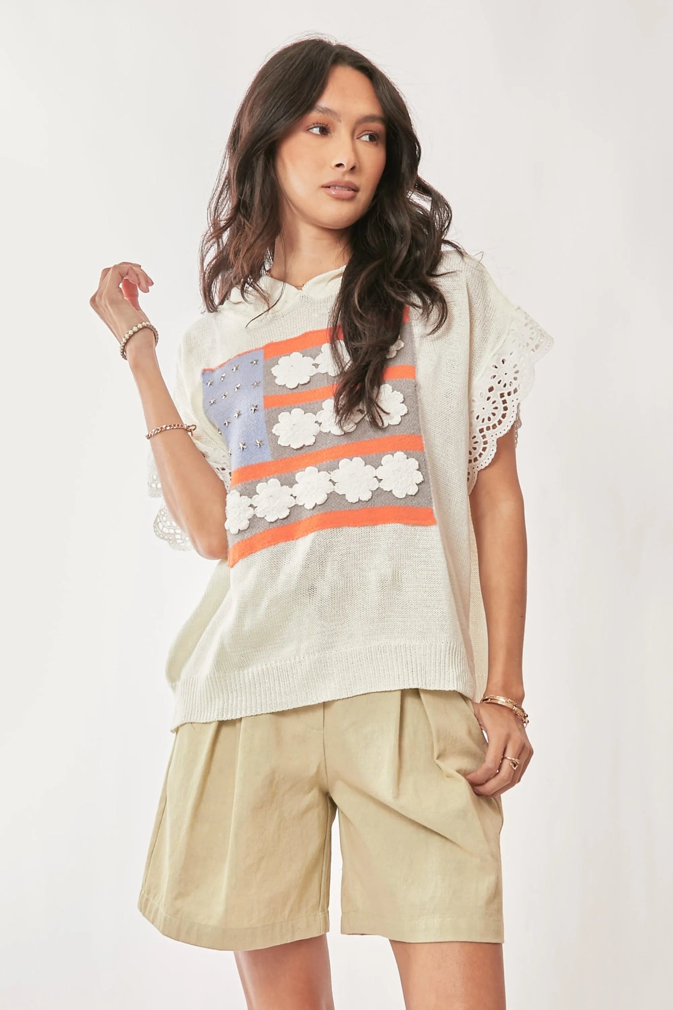 Davi & Dani American Flag Loose Fit Lace Sleeve Hoodie Top - Bitsy Gypsy Boutique
