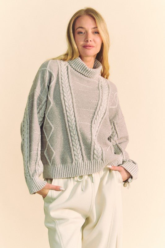 Davi & Dani Cable - Knit Turtleneck Dropped Shoulder Sweater - Bitsy Gypsy Boutique