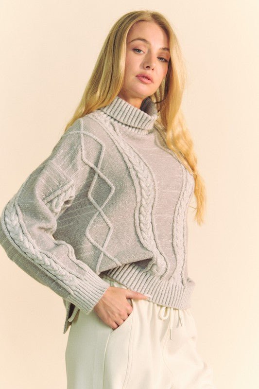 Davi & Dani Cable - Knit Turtleneck Dropped Shoulder Sweater - Bitsy Gypsy Boutique