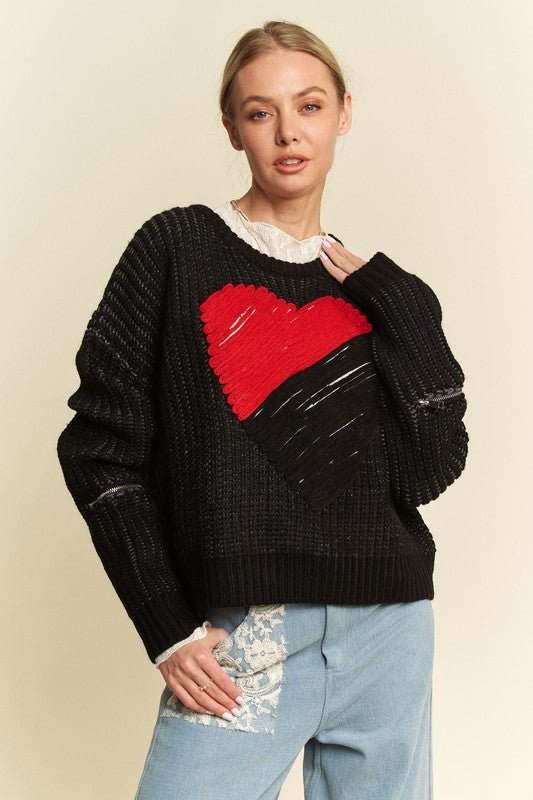 Davi & Dani Contrast Heart Dropped Shoulder Sweater - Bitsy Gypsy Boutique